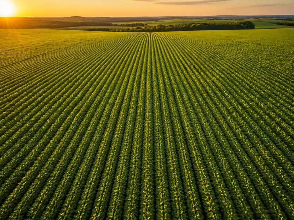 Lavoura de soja em linhas ao pôr do sol